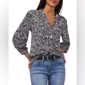 Vince Camuto Printed Three Quarter Sleeve Top Black and White Size Medium